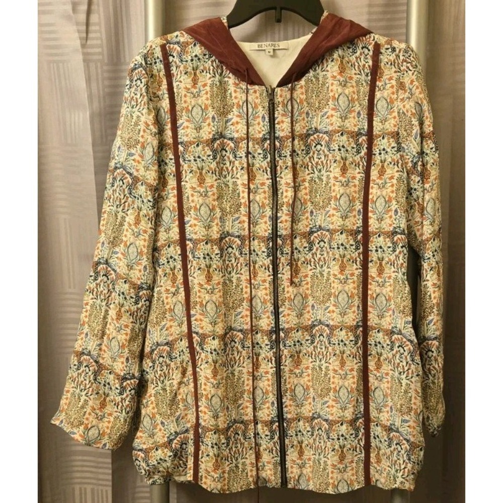 Benares Womens Hooded Colorful Artsy‎ Mixed Print Full Zip Jacket Medium